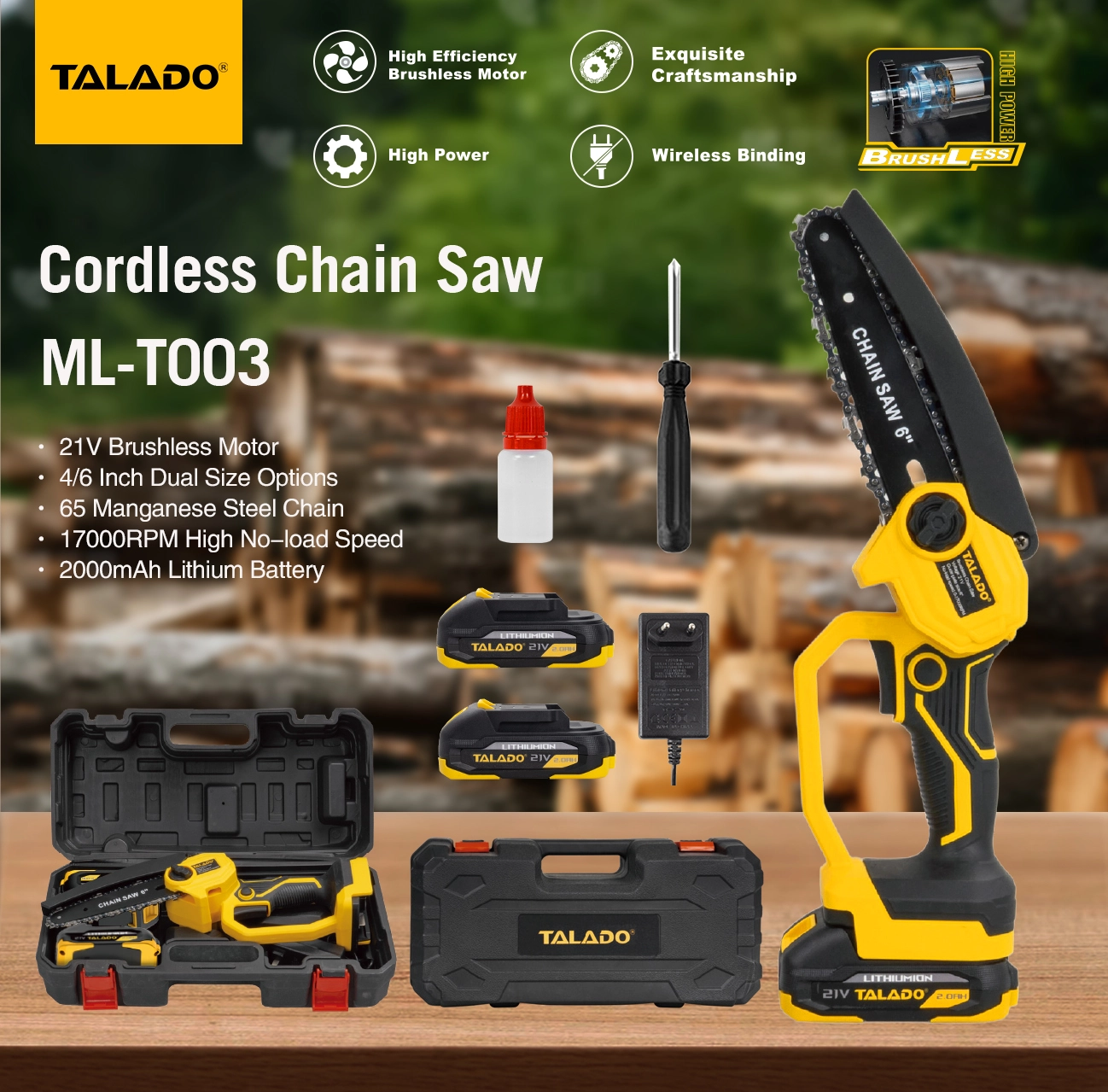 21V Brushless Cordless Mini Chainsaw 4/6 Inch Portable Rechargeable Handheld Electric Pruning Chain Saw for Garden Tree Trimming