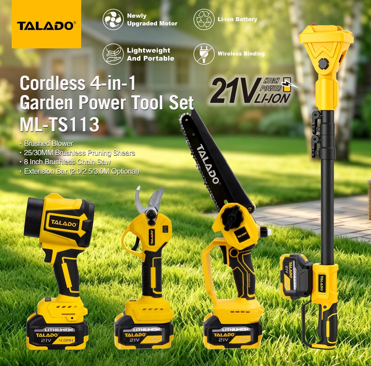 21V Lithium Cordless Garden Power Tool Kit Pruning Shear Chainsaw Leaf Blower With Extension Pole For Backyard Orchard Tree Trimming And Yard Cleaning Work