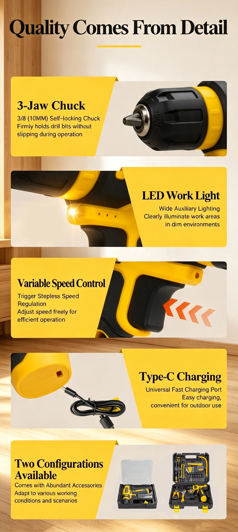 8V Mini Cordless Drill Type C Fast Charge Household Power Drill