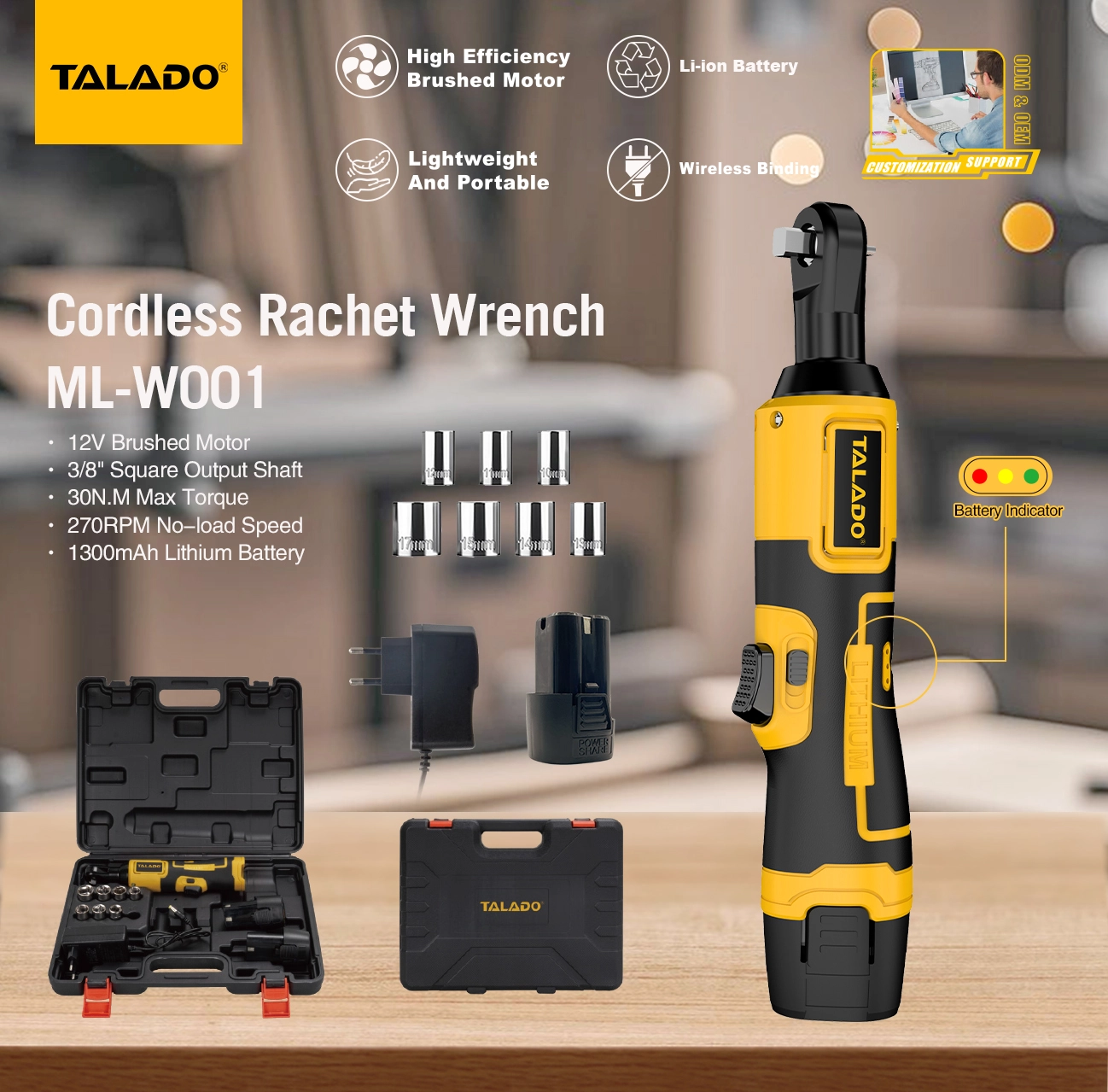 12V Cordless Ratchet Wrench 3/8" Square Drive 30N.M Portable Electric Ratchet Wrench for Auto Repair & Tightening Work