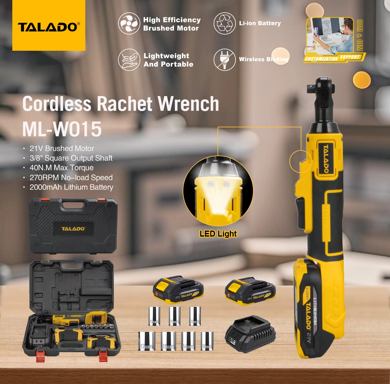 21V Cordless Ratchet Wrench 3/8" Square Drive 40N.M Rechargeable Electric Ratchet Wrench for Automotive Repair & Nuts Removal
