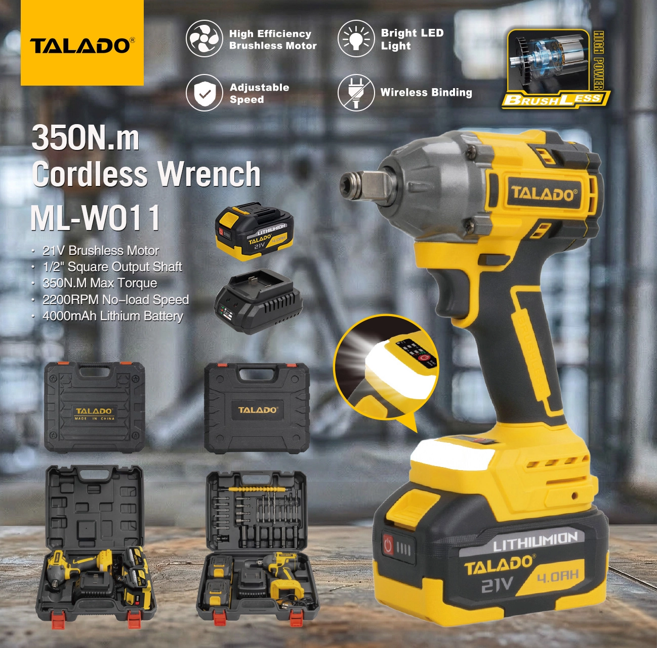 21V Brushless Cordless Impact Wrench 350N.M 1/2" Square Drive Portable Lithium Battery Power Wrench for Auto Repair & Construction