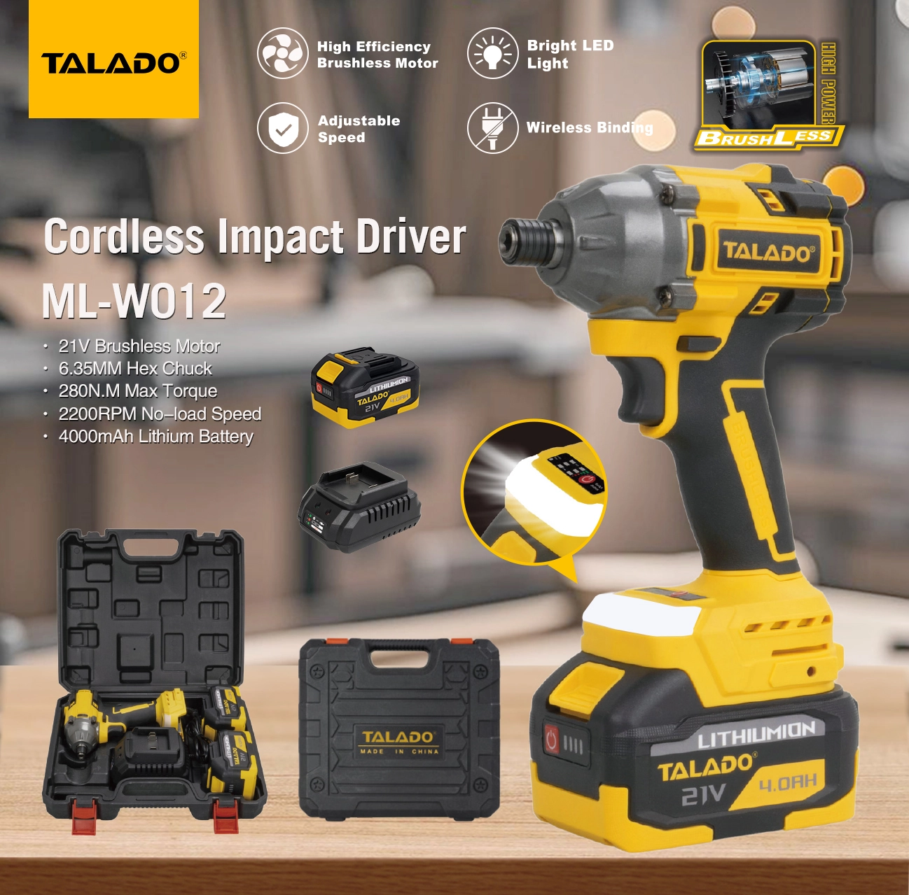 21V Brushless Cordless Impact Driver 280N.M 6.35mm Chuck Rechargeable Lithium Electric Screwdriver for Fastening & Assembly