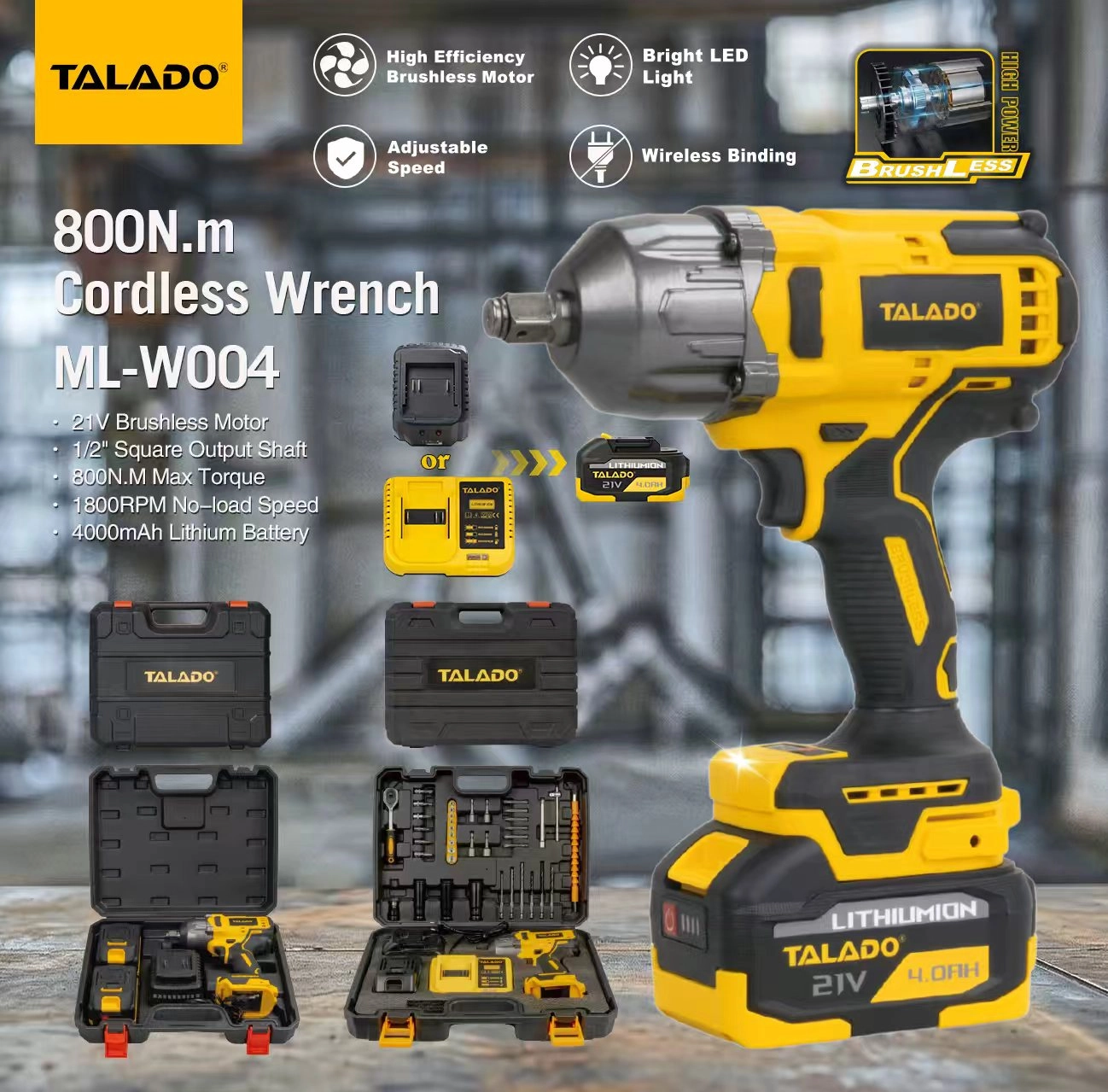21V Brushless Cordless Impact Wrench, 800N.m Max Torque 1/2" Square Drive Lithium-ion Power Wrench for Auto Repair & Construction