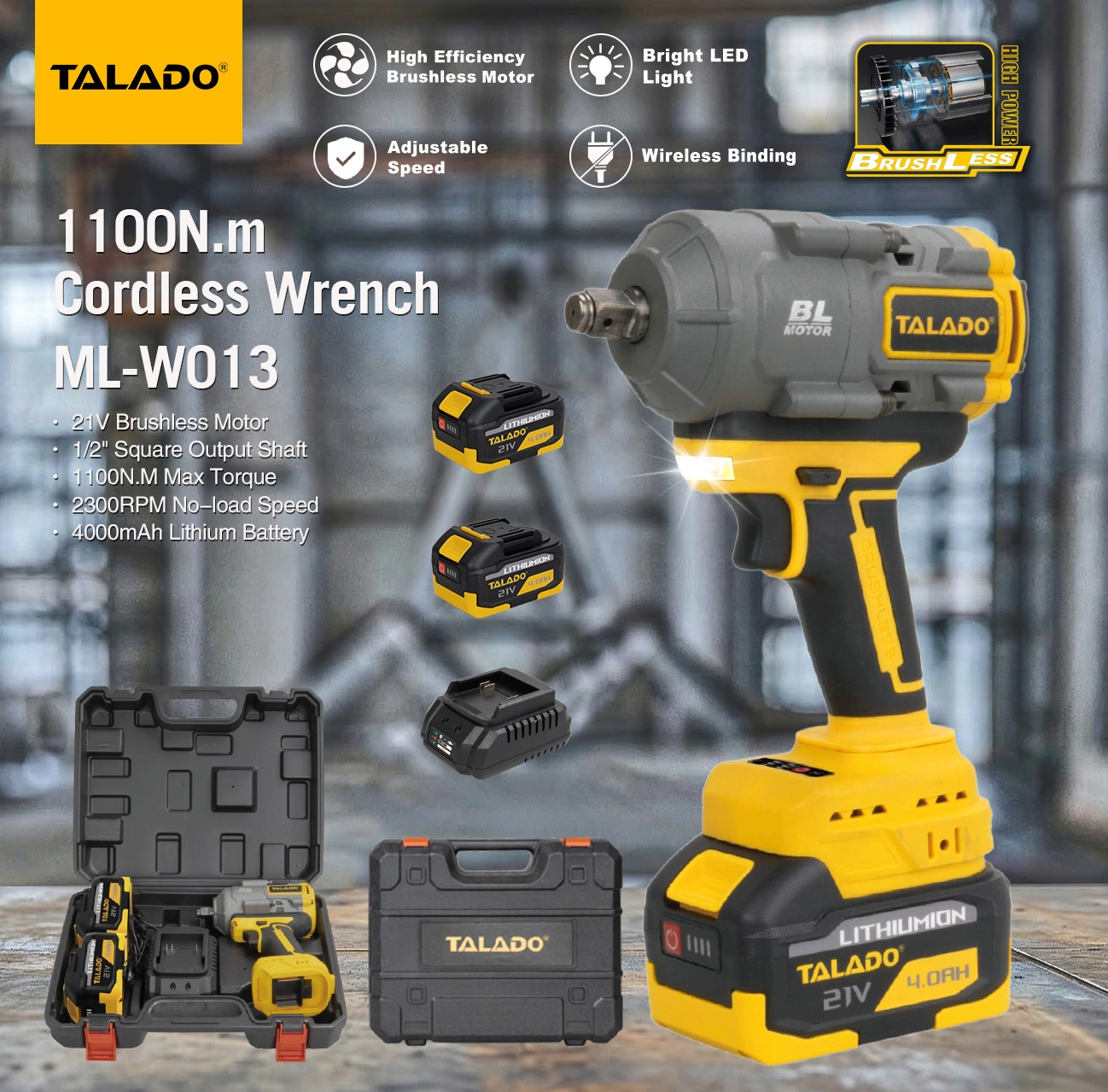 21V Brushless Impact Wrench 1100N.M High Torque 1/2 Inch Cordless Wrench For Tire & Machinery Repair