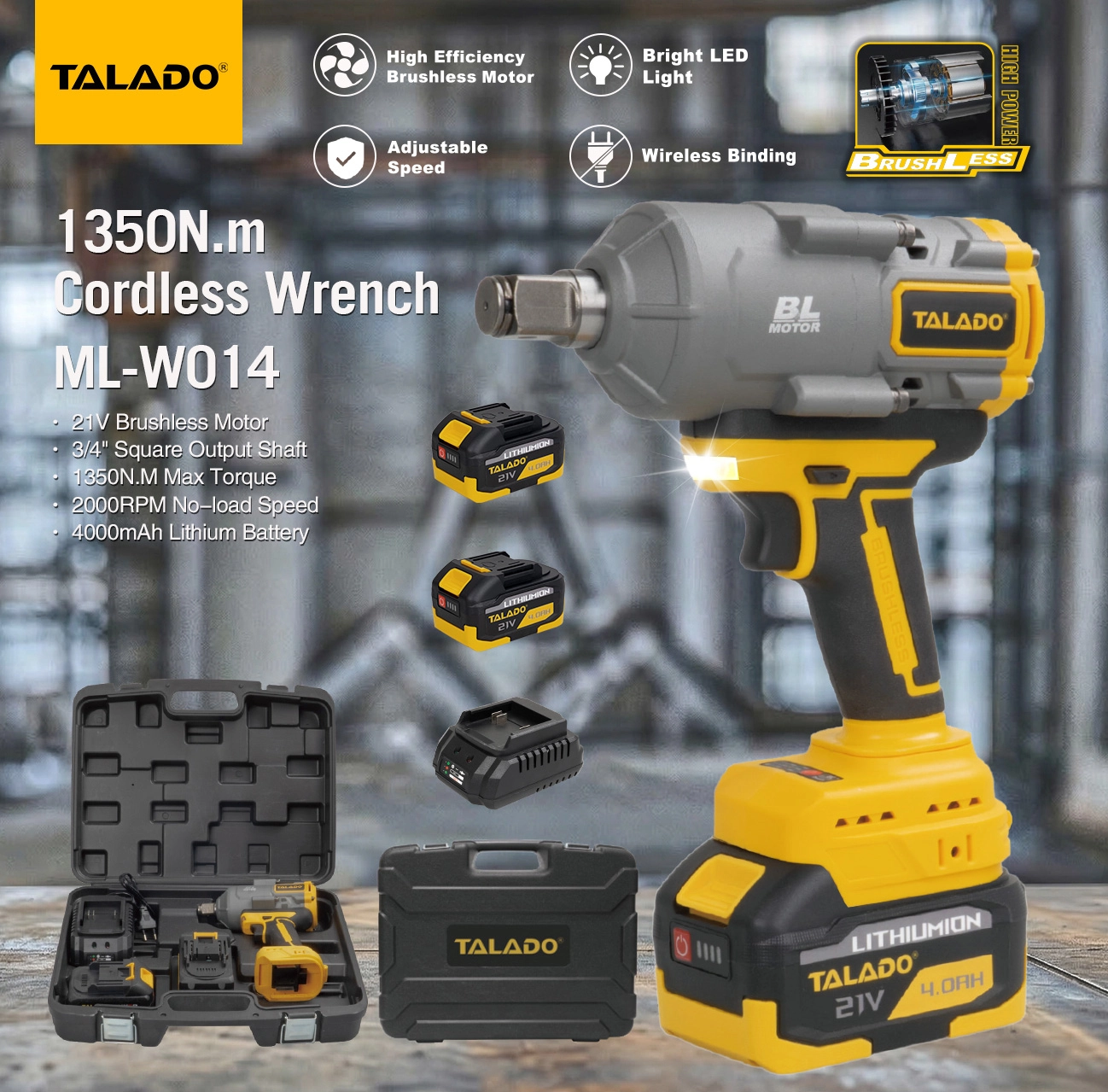 21V Brushless Cordless Impact Wrench 1350N.M High Torque 3/4 Inch Square Drive For Heavy Truck & Machinery Repair