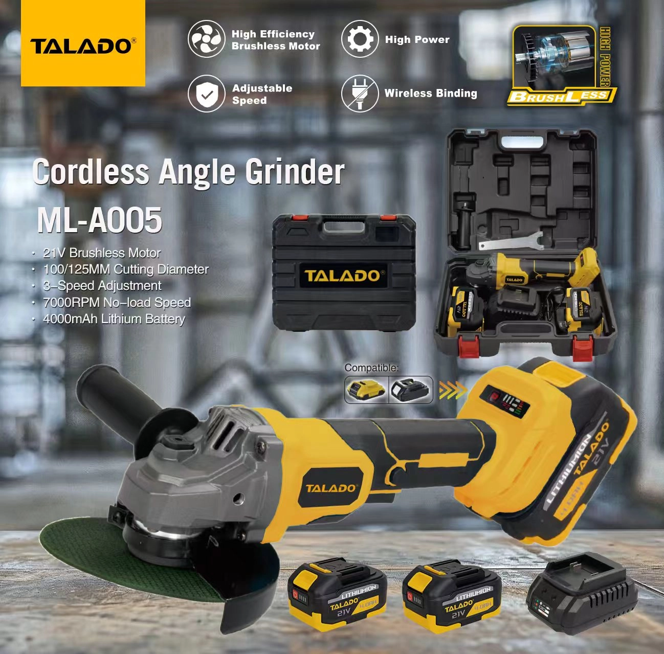 21V Brushless Cordless Angle Grinder 3 Speed 100/125MM Cutting Disc For Metal Cutting & Grinding Work