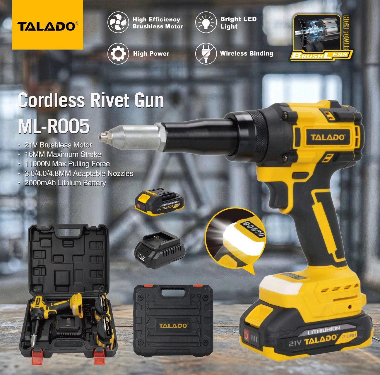 21V Brushless Cordless Rivet Gun ML-R005, Portable Electric Riveter Tool for 2.4-5.0mm Blind Rivets for Metal Working & Industrial Assembly