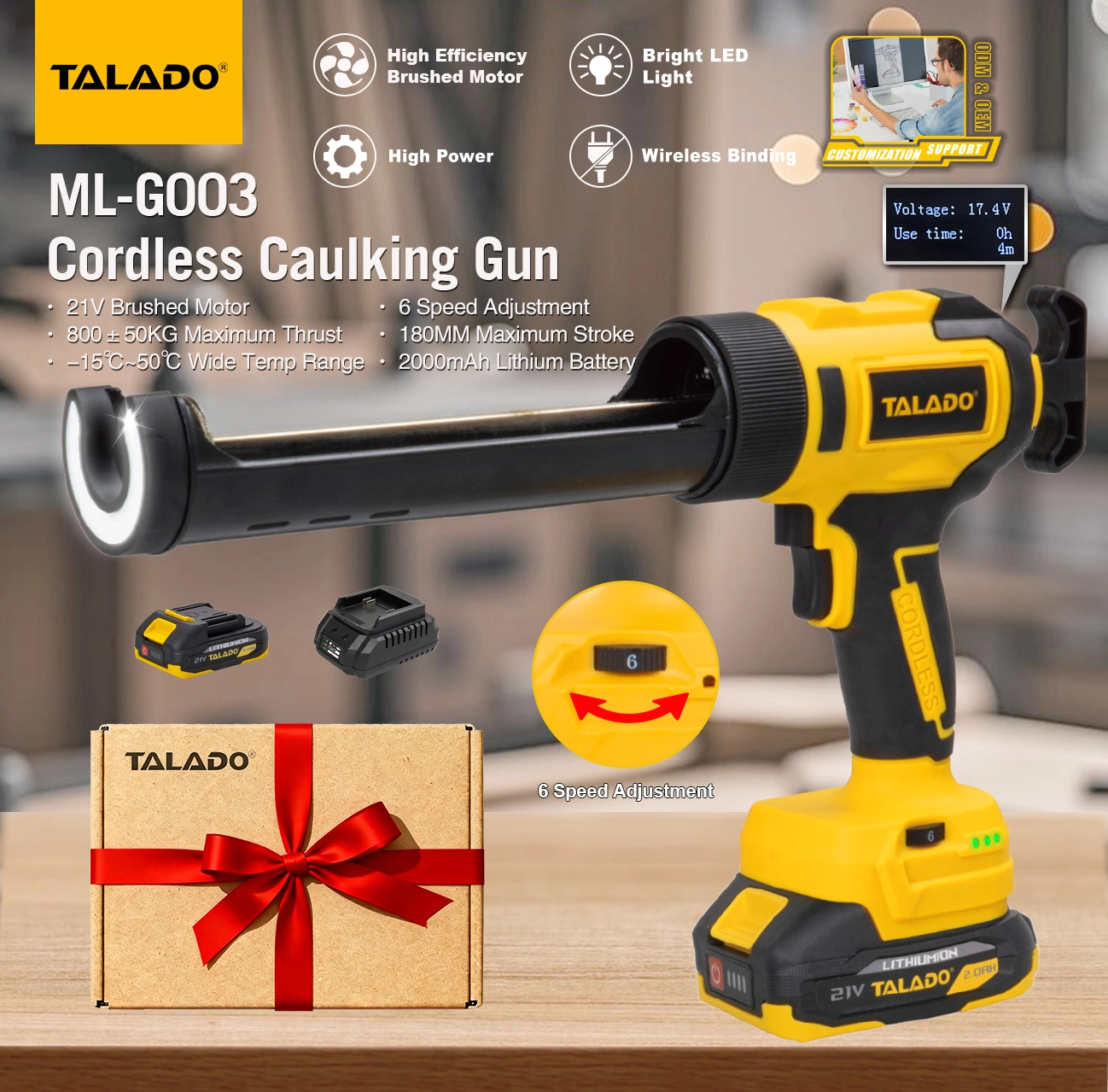 21V Cordless Caulking Gun ML-G003, Electric Caulk Gun with 800KG Thrust for Sealant & Adhesive Application