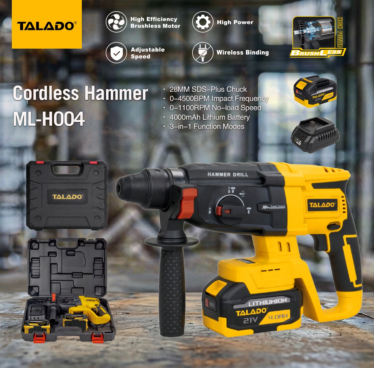 21V Brushless Cordless Rotary Hammer Drill, 28mm 600W Electric Hammer for Concrete Masonry Drilling & Chiseling