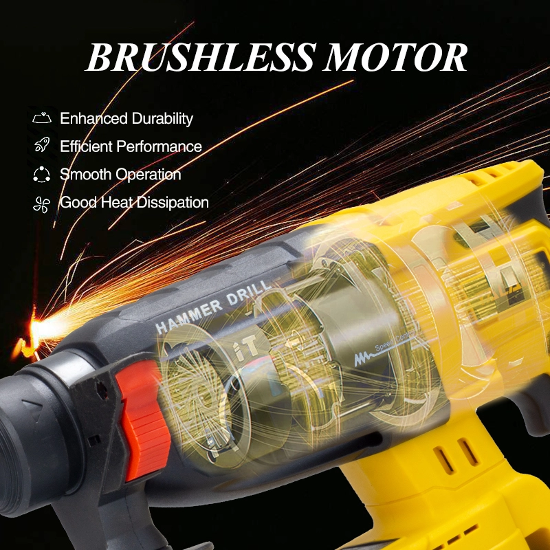 21V Brushless Cordless Rotary Hammer Drill, 28mm 600W Electric Hammer for Concrete Masonry Drilling & Chiseling