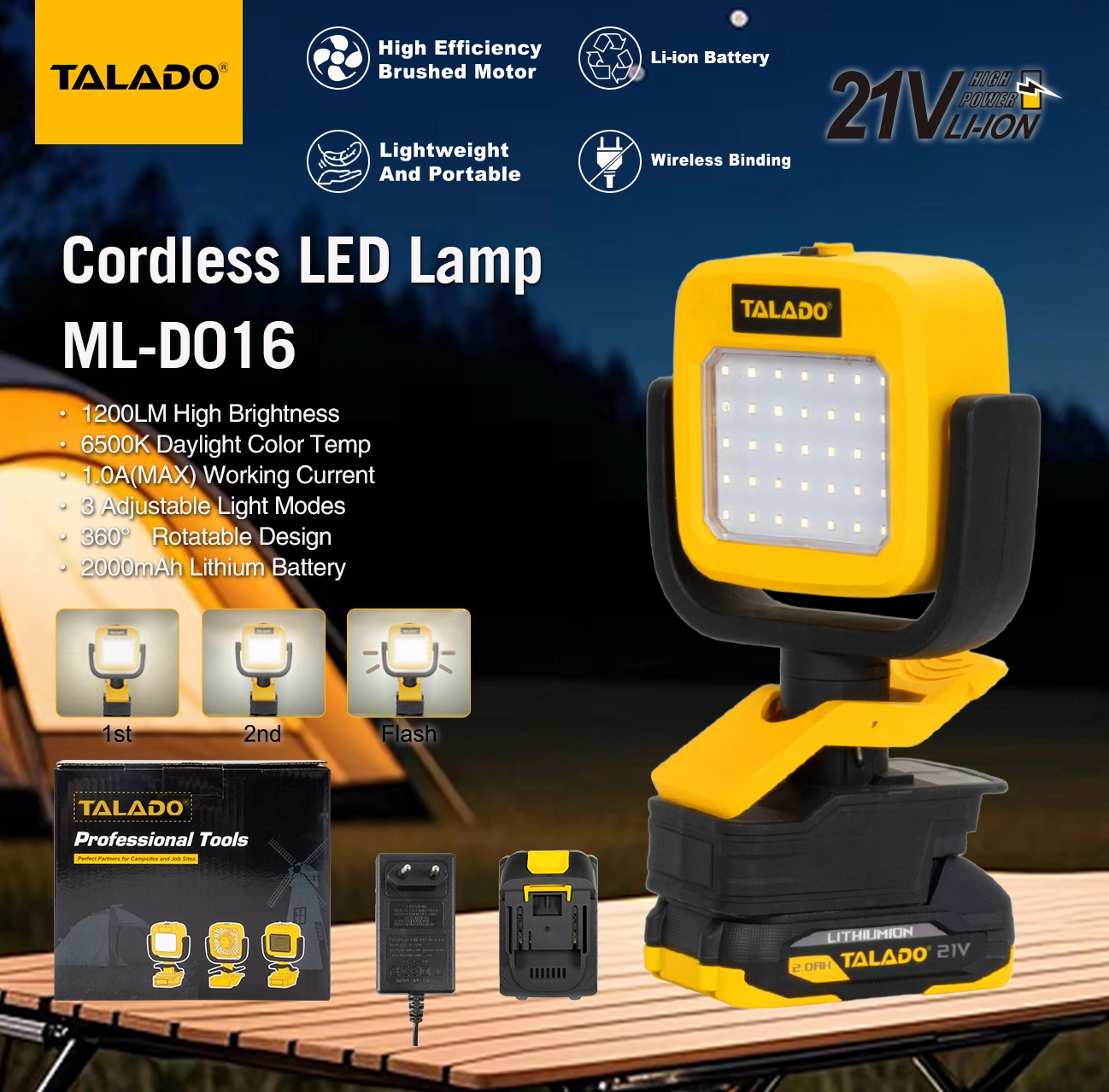 21V Cordless LED Camping Light 1200LM Portable Outdoor Flood Light 6500K Compatible With 21V Lithium Battery, Emergency Work Lamp