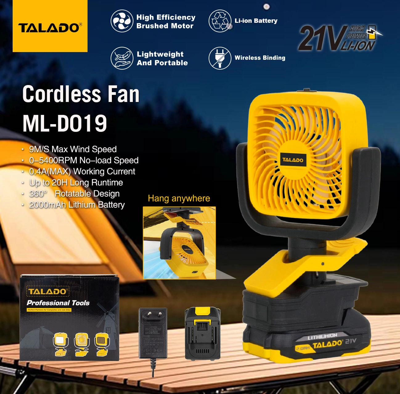 21V Cordless Camping Fan, Portable Battery Powered Outdoor Work Fan Compatible With 21V Lithium Battery for Camping, Job Site, Tent