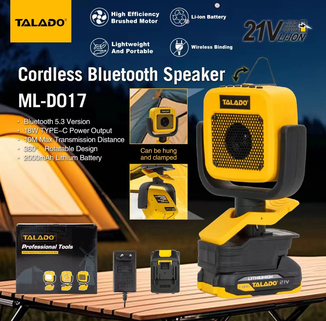 21V Cordless Camping Bluetooth Speaker ML-D017, Portable Wireless Speaker Compatible With 21V Lithium Battery for Outdoor Camping & Fishing