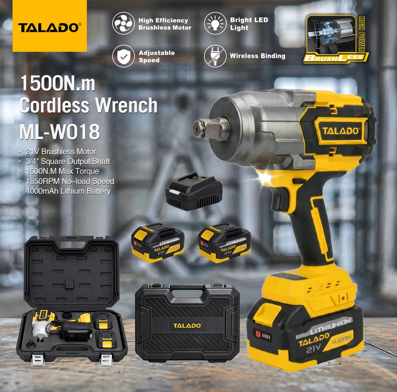 21V Brushless Cordless Impact Wrench 1500N.M, 3/4" Square Drive High Torque Electric Wrench ML-W018 for Truck & Rail Maintenance