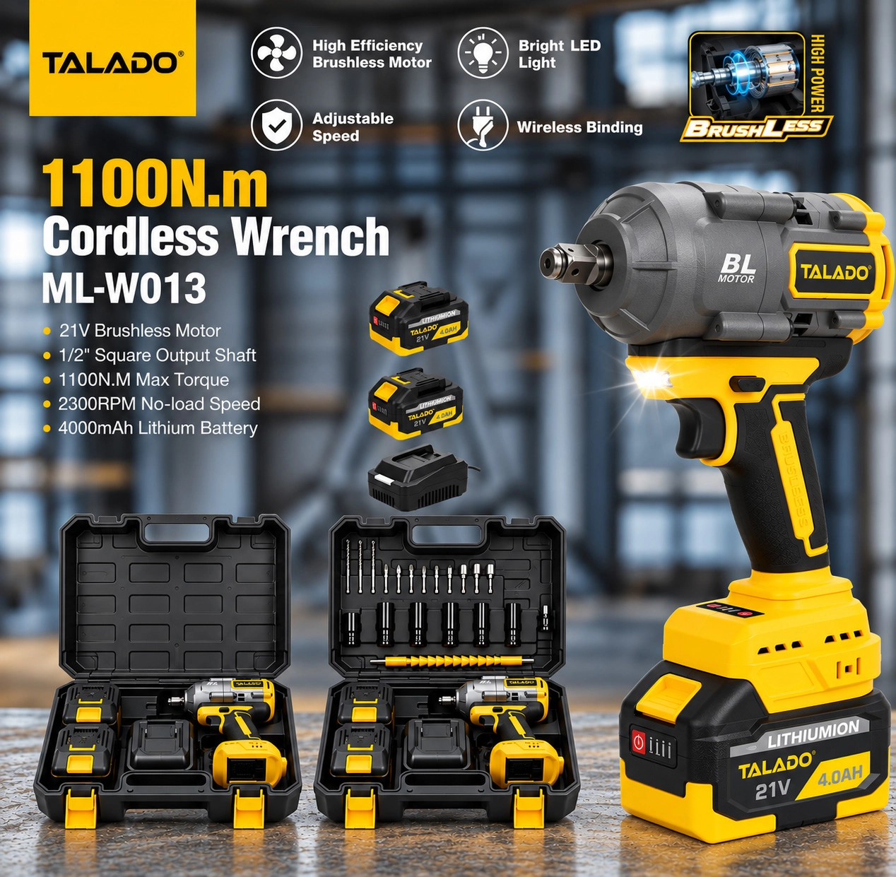 21V Brushless Impact Wrench 1100N.M High Torque 1/2 Inch Cordless Wrench For Tire & Machinery Repair