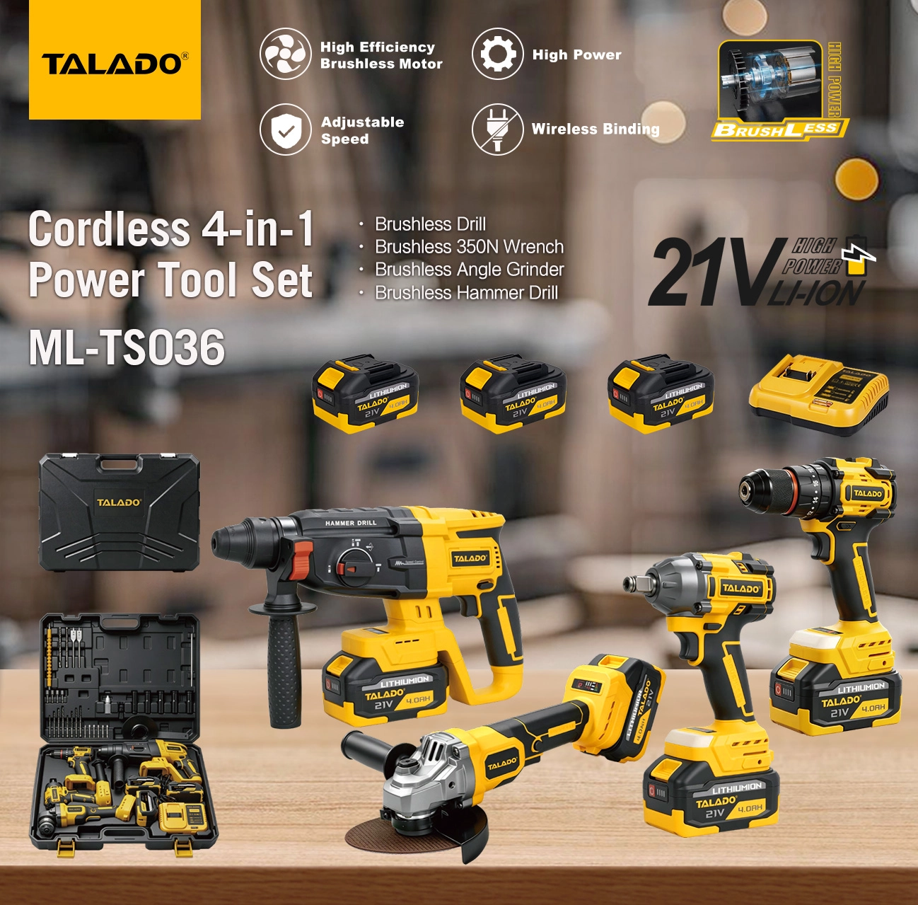 21V Brushless 4 in 1 Cordless Power Tool Set TALADO ML-TS036 Cordless Drill Impact Wrench Rotary Hammer & Angle Grinder Combo Kit Interchangeable Lithium Battery for Construction & Auto Repair
