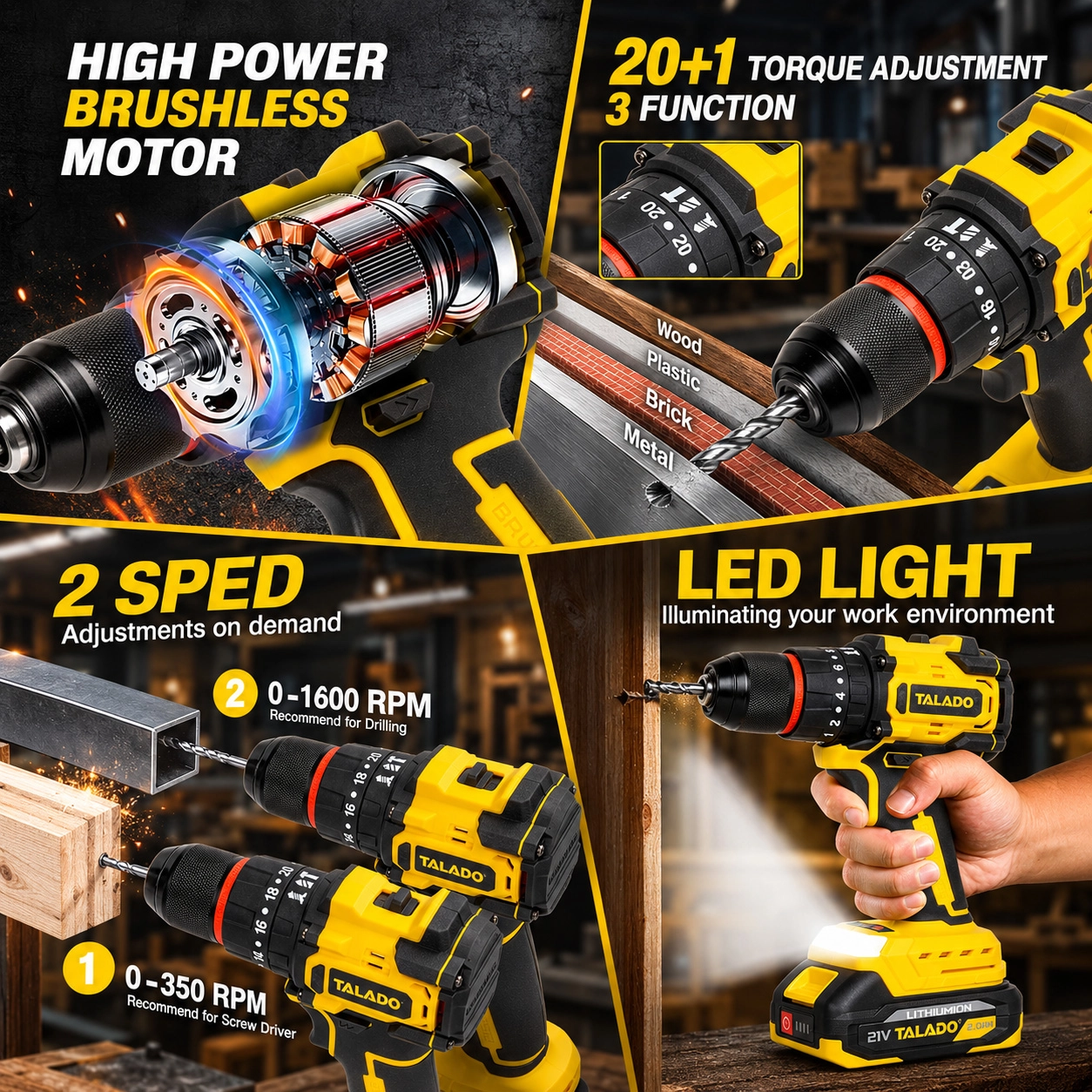 21V Brushless 4 in 1 Cordless Power Tool Set TALADO ML-TS036 Cordless Drill Impact Wrench Rotary Hammer & Angle Grinder Combo Kit Interchangeable Lithium Battery for Construction & Auto Repair