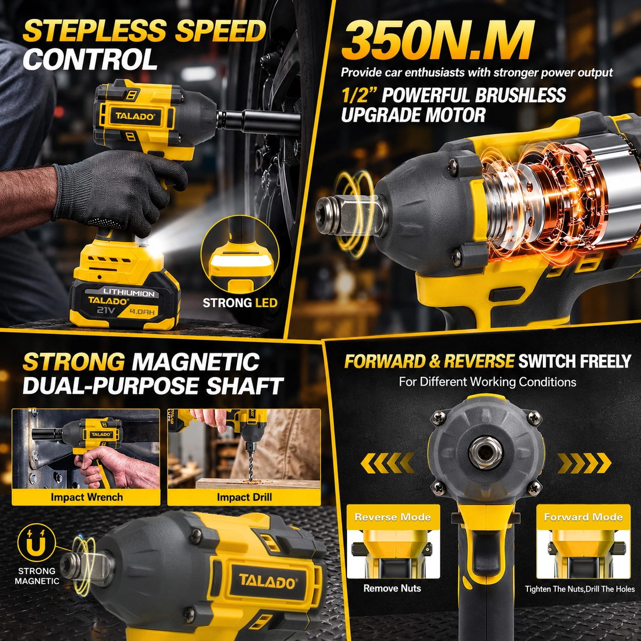 21V Brushless 4 in 1 Cordless Power Tool Set TALADO ML-TS036 Cordless Drill Impact Wrench Rotary Hammer & Angle Grinder Combo Kit Interchangeable Lithium Battery for Construction & Auto Repair