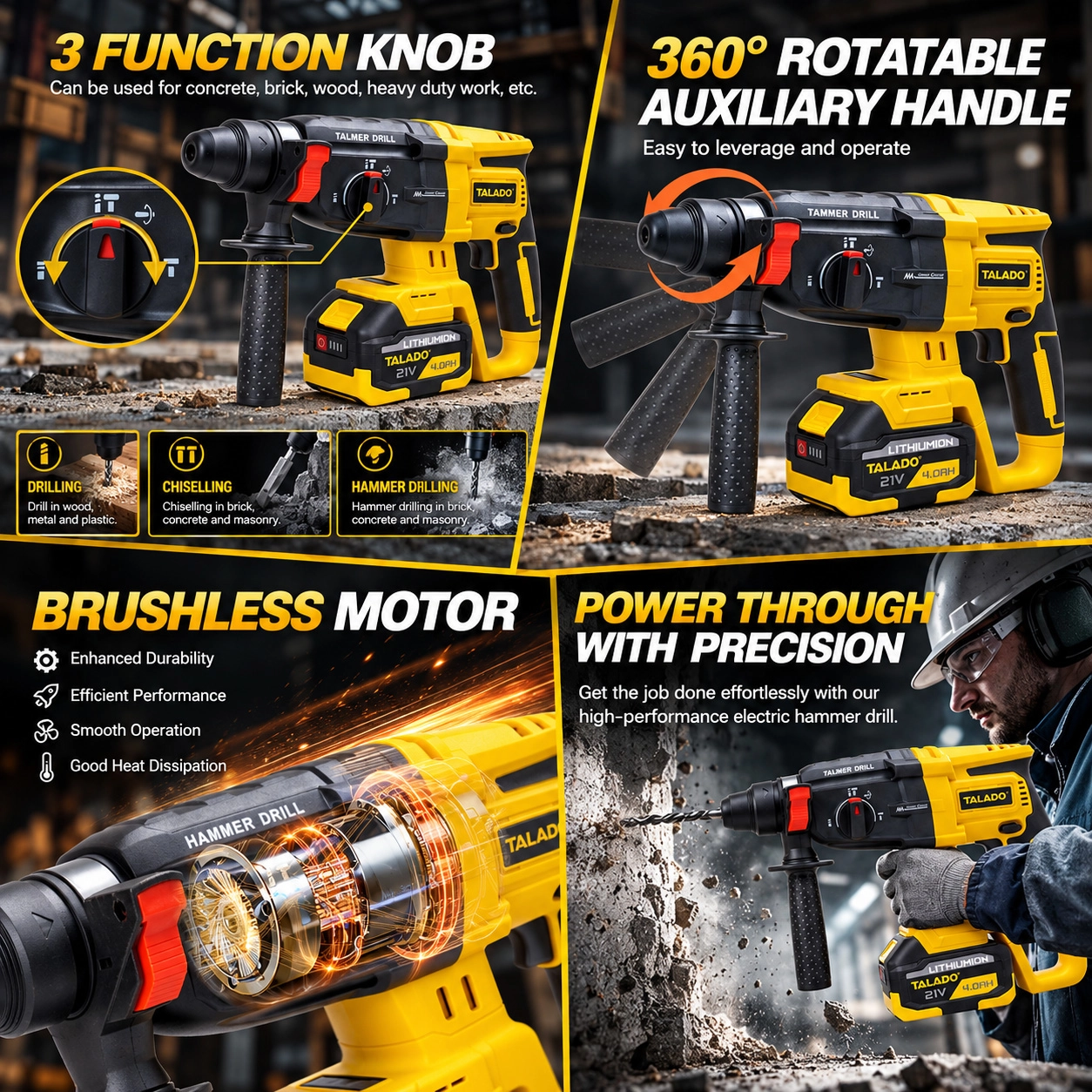 21V Brushless 4 in 1 Cordless Power Tool Set TALADO ML-TS036 Cordless Drill Impact Wrench Rotary Hammer & Angle Grinder Combo Kit Interchangeable Lithium Battery for Construction & Auto Repair