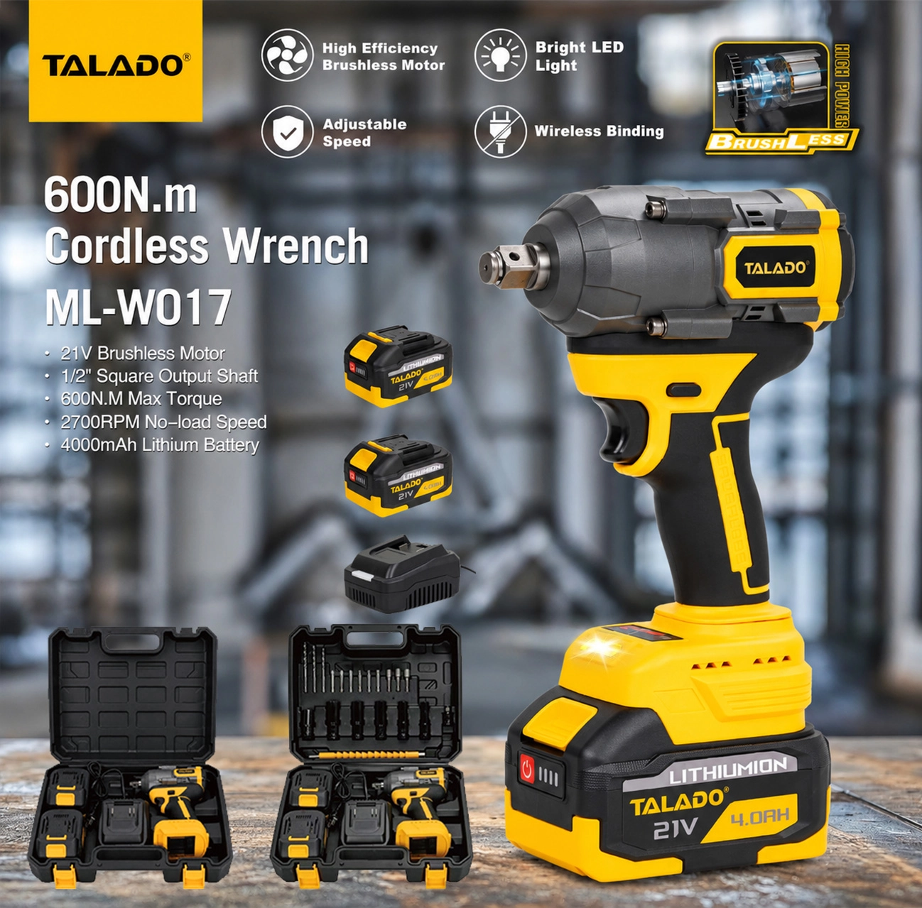 21V 600N.M Brushless Cordless Impact Wrench For Auto Tire Removal And Industrial Bolt Fastening Tasks