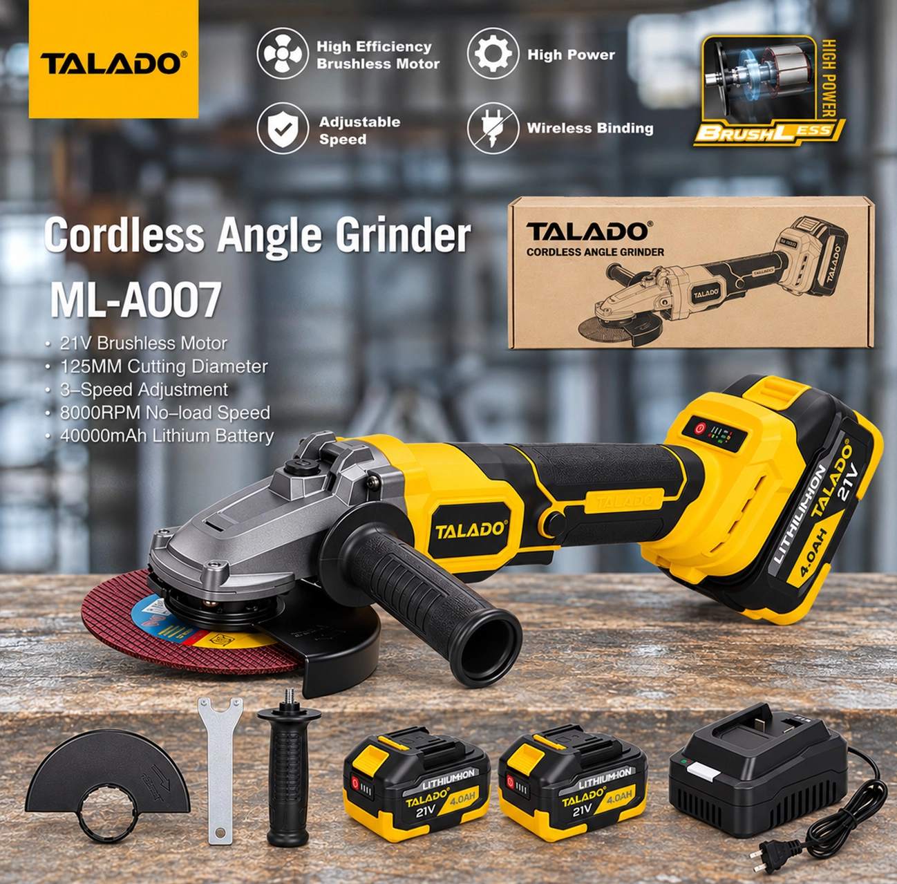 21V Brushless Cordless Angle Grinder 5 Inch Variable Speed Metal Cutting Grinder for Construction and Metal Work