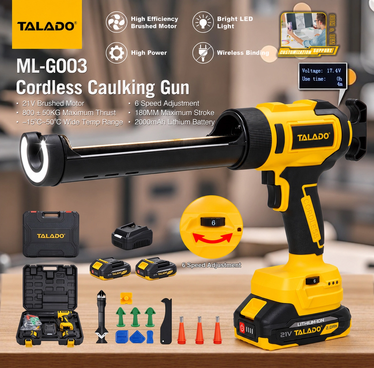21V Cordless Caulking Gun ML-G003, Electric Caulk Gun with 800KG Thrust for Sealant & Adhesive Application